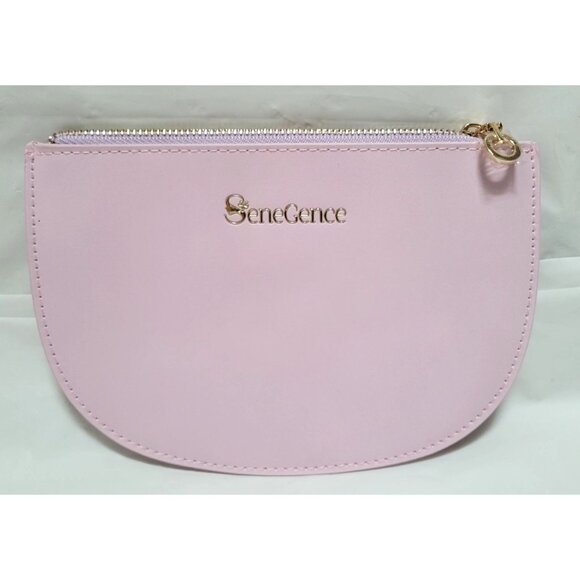SeneGence Handbags - SeneGence Pink Stiff Faux Leather Half-Moon Zip Cosmetic Makeup Bag Pouch